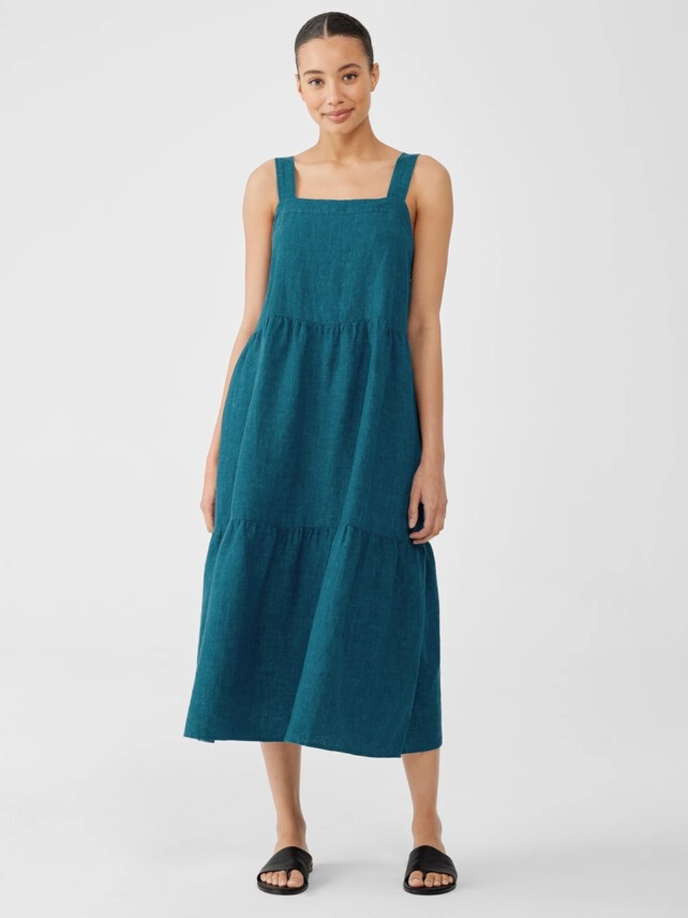 Eileen Fisher 100% Linen Teal Tiered Maxi Dress Sleeveless Boho Lagenlook Luxury
